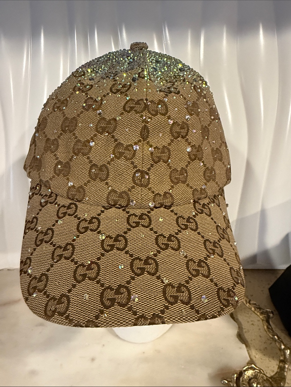 Gucci Brown GG Monogram Crystal Accent Baseball Cap - Picture 3 of 6